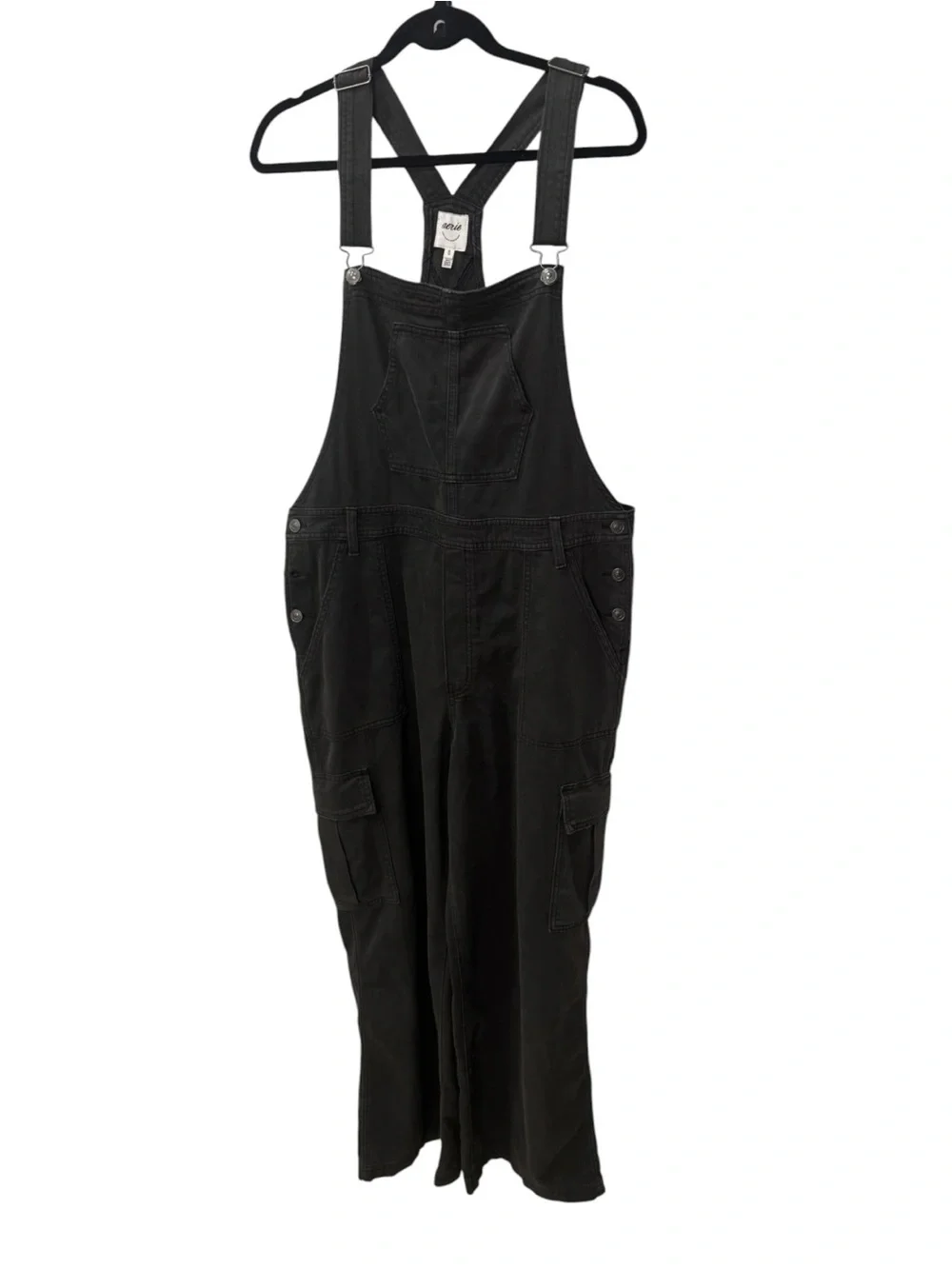 Aerie Wide-Leg Denim Cargo Overalls in black color women’s size XL